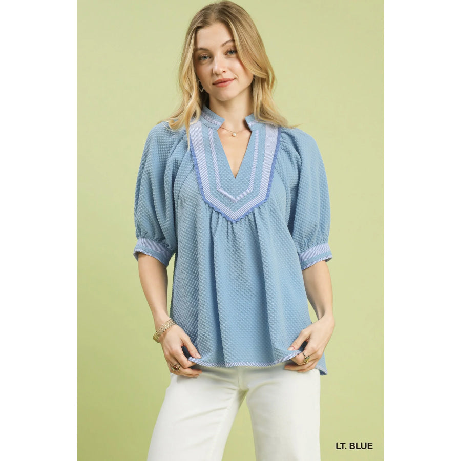 Umgee Textured Jacquard Contrast Trim Top LT. BLUE / S Apparel and Accessories