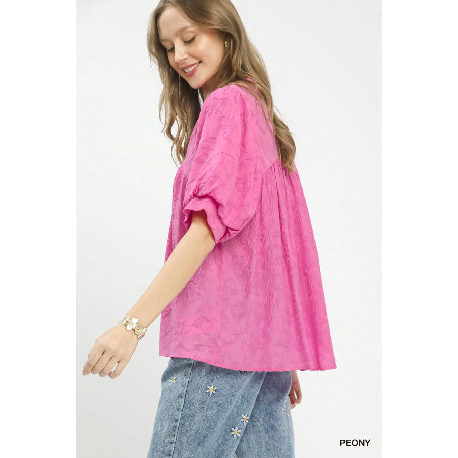 Umgee Textured Lace Trim V-Neck Boho Blouse PEONY / S Apparel and Accessories