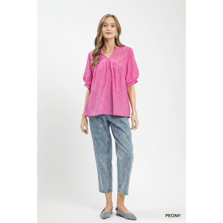 Umgee Textured Lace Trim V-Neck Boho Blouse Apparel and Accessories