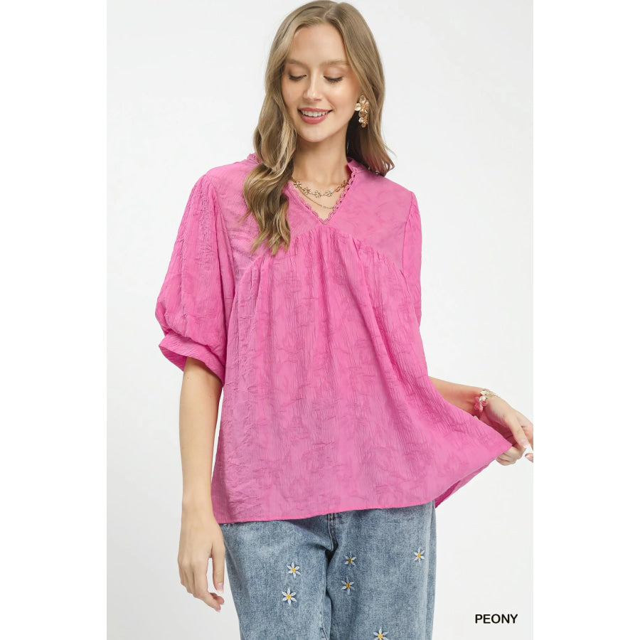 Umgee Textured Lace Trim V-Neck Boho Blouse PEONY / S Apparel and Accessories