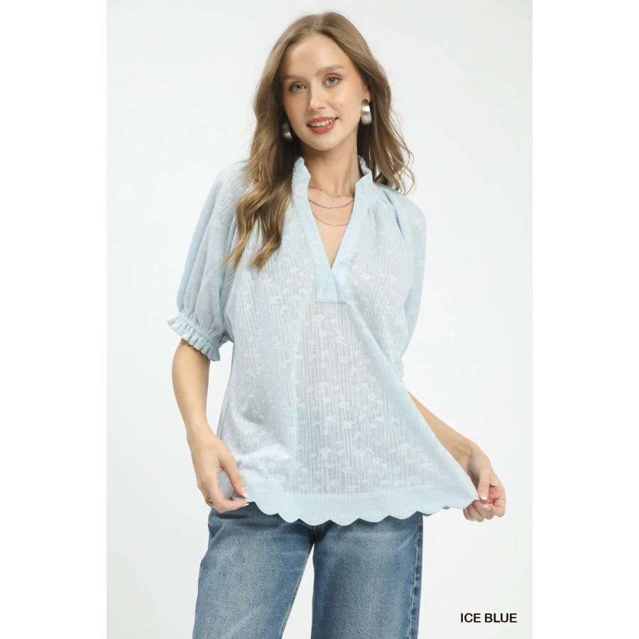 Umgee Textured Pintuck Blouse ICE BLUE / S Apparel and Accessories