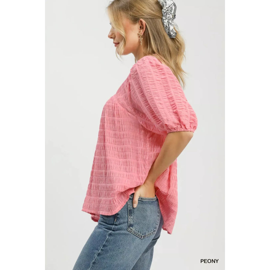 Umgee Textured Puff Sleeve Blouse Apparel and Accessories