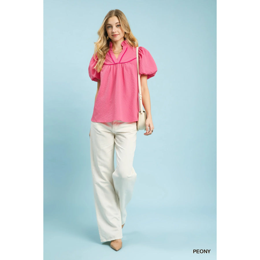 Umgee Textured Puff Sleeve Blouse Apparel and Accessories
