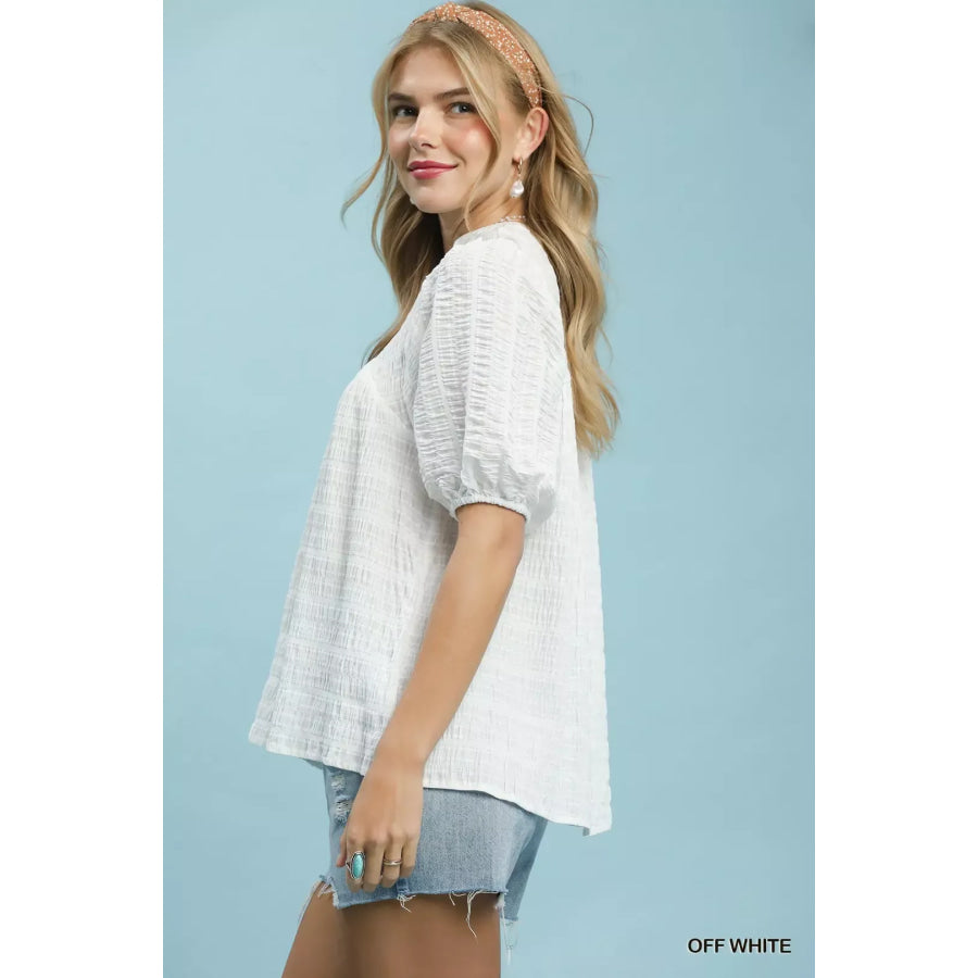 Umgee Textured Puff Sleeve Blouse OFF WHITE / S Apparel and Accessories