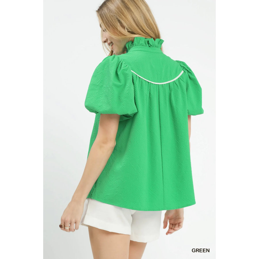 Umgee Textured Puff Sleeve Blouse GREEN / S Apparel and Accessories