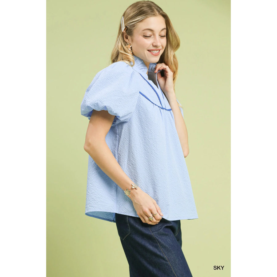 Umgee Textured Puff Sleeve Blouse SKY / S Apparel and Accessories