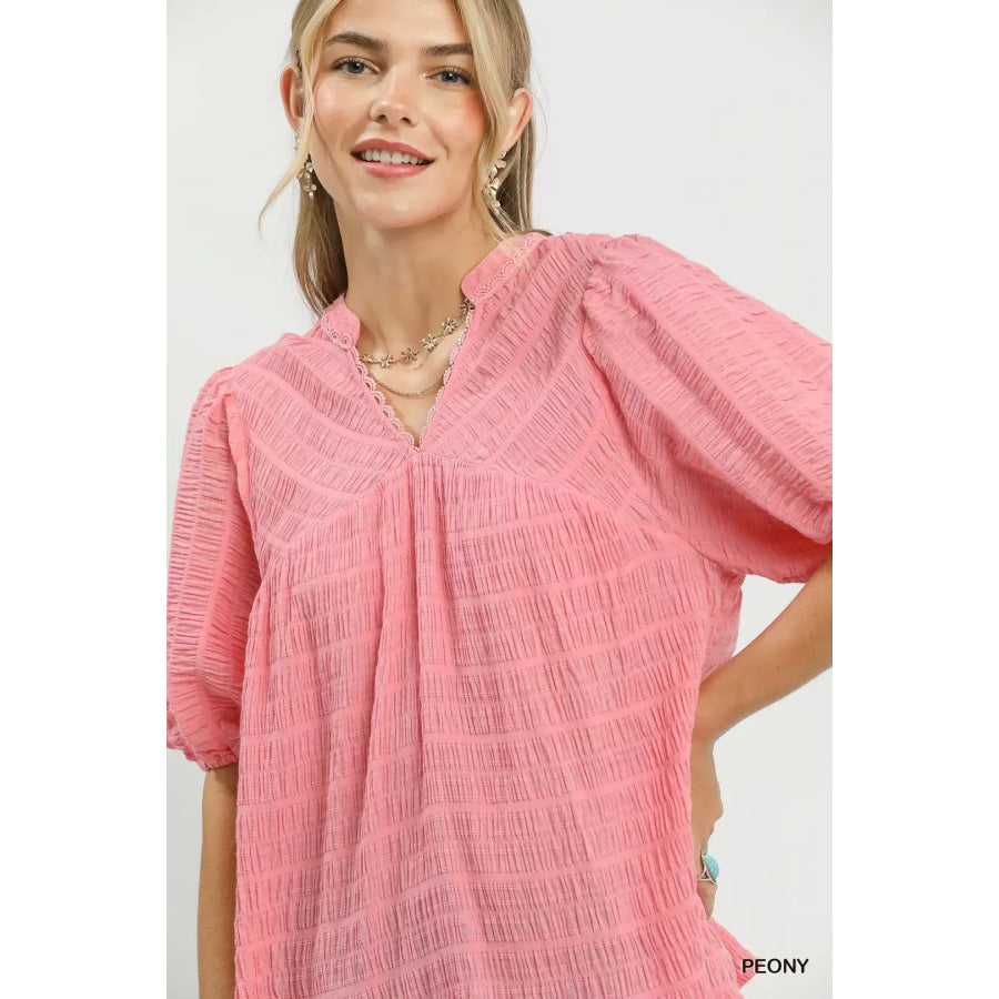 Umgee Textured Puff Sleeve Blouse Apparel and Accessories