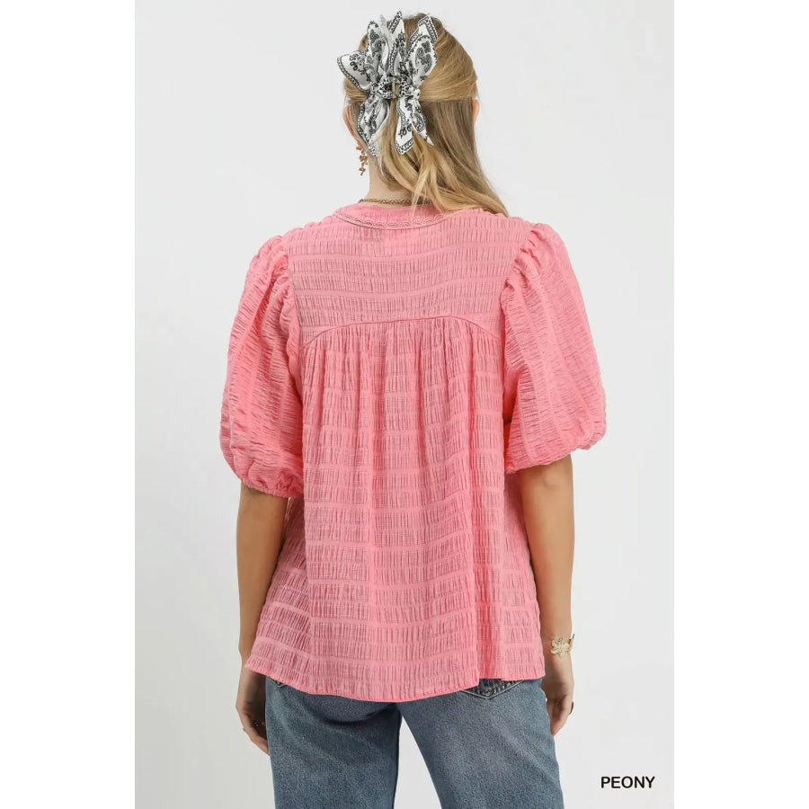 Umgee Textured Puff Sleeve Blouse Apparel and Accessories