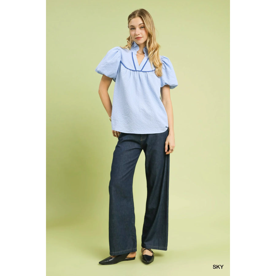 Umgee Textured Puff Sleeve Blouse Apparel and Accessories