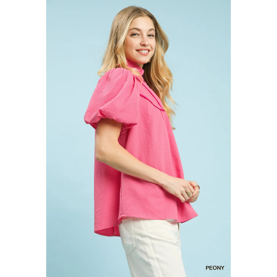 Umgee Textured Puff Sleeve Blouse PEONY / S Apparel and Accessories