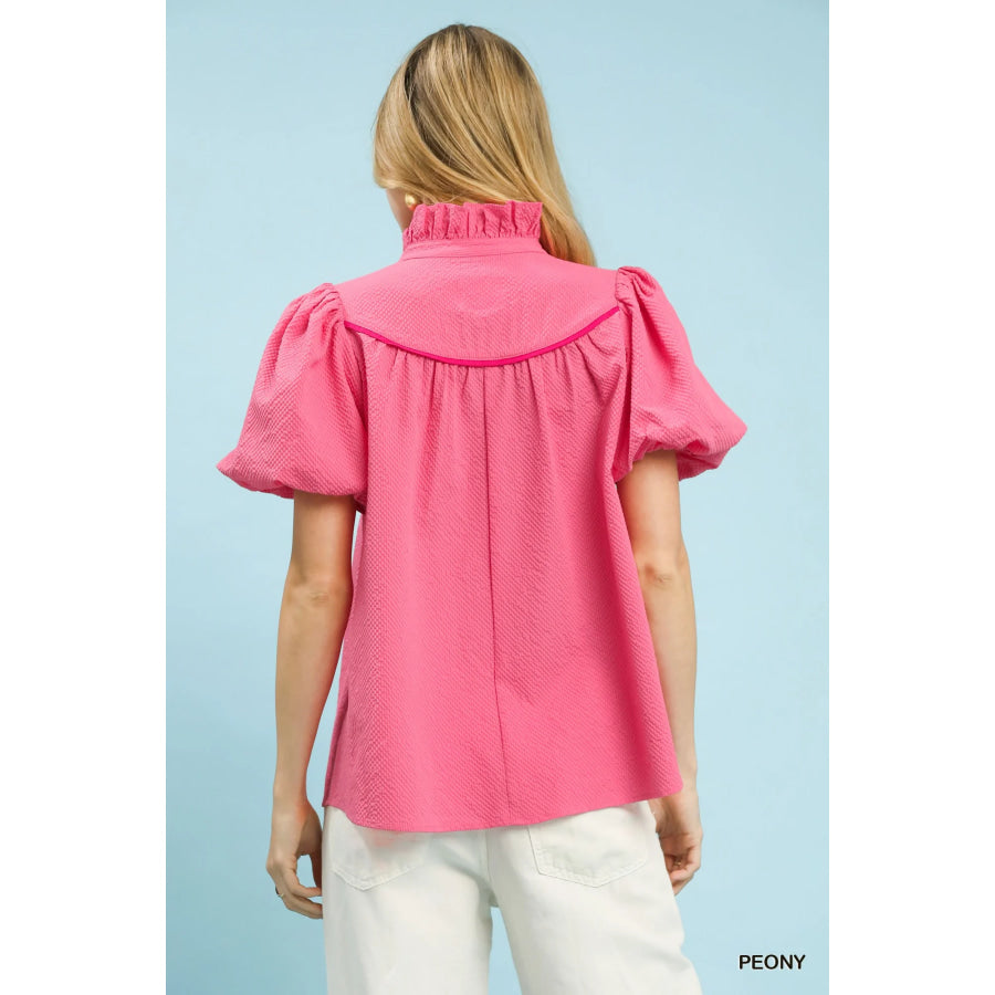 Umgee Textured Puff Sleeve Blouse Apparel and Accessories