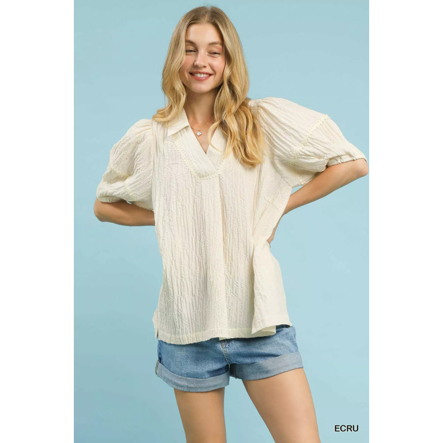 Umgee Textured Puff Sleeve Blouse ECRU / S Apparel and Accessories