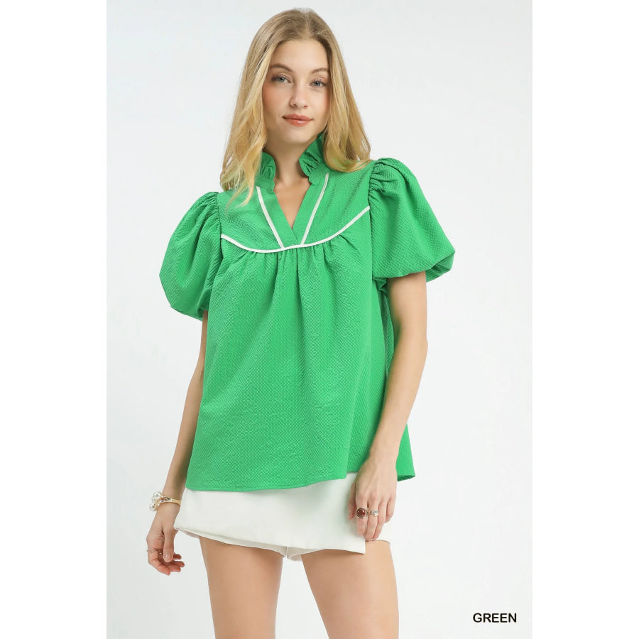 Umgee Textured Puff Sleeve Blouse GREEN / S Apparel and Accessories