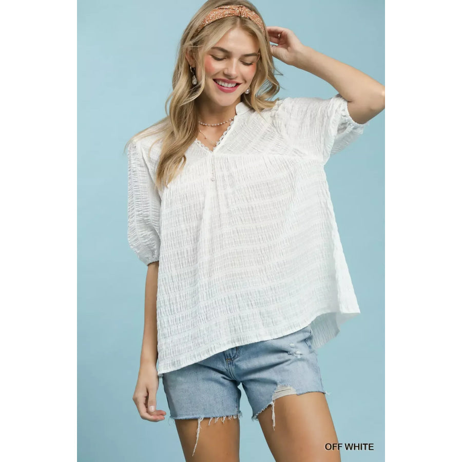 Umgee Textured Puff Sleeve Blouse OFF WHITE / S Apparel and Accessories