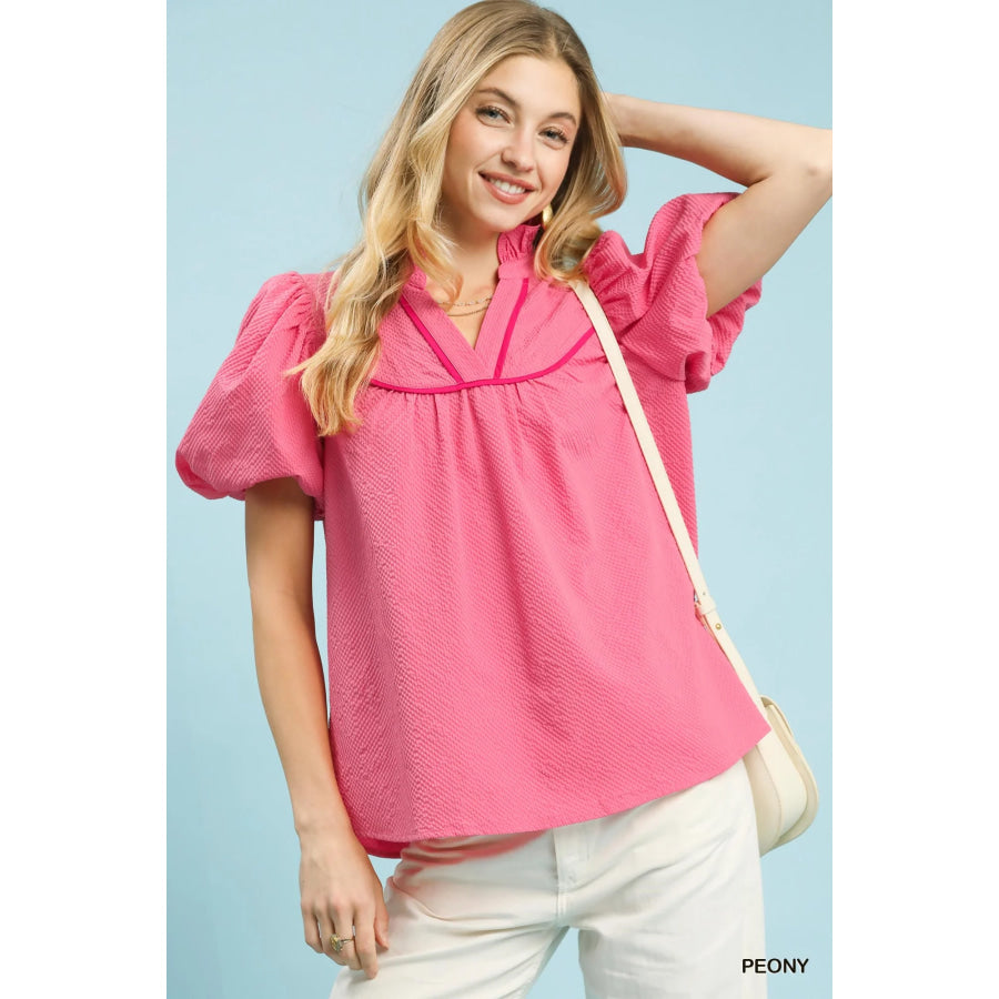 Umgee Textured Puff Sleeve Blouse PEONY / S Apparel and Accessories