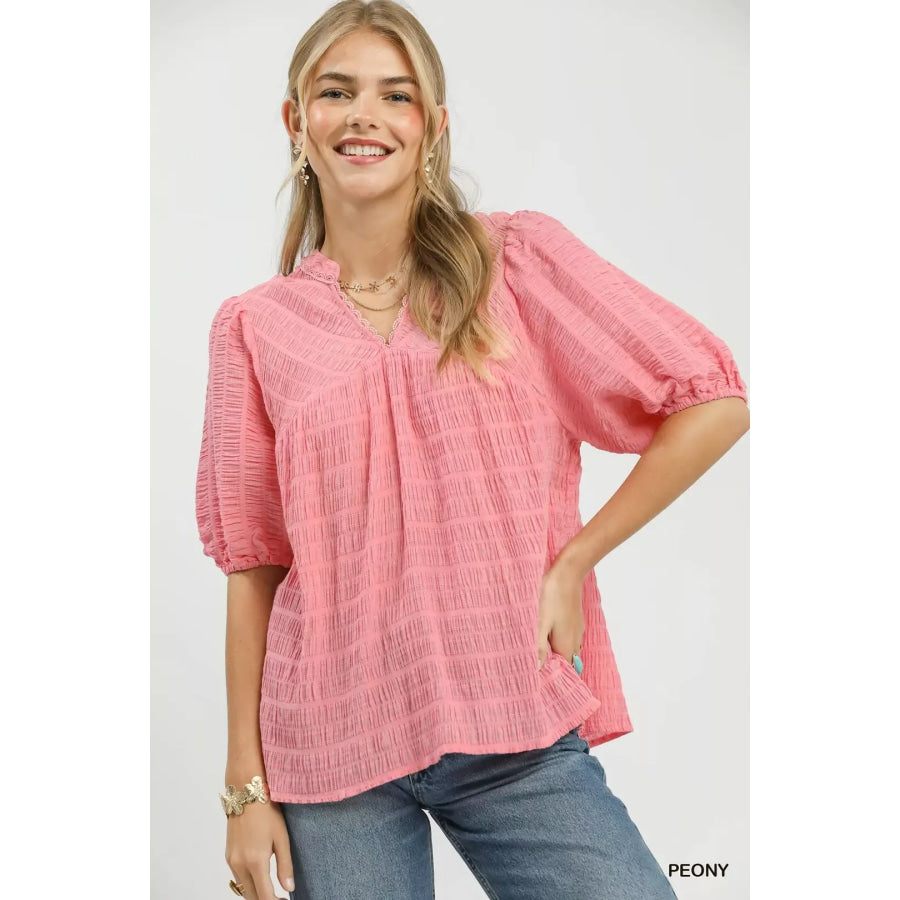 Umgee Textured Puff Sleeve Blouse PEONY / S Apparel and Accessories