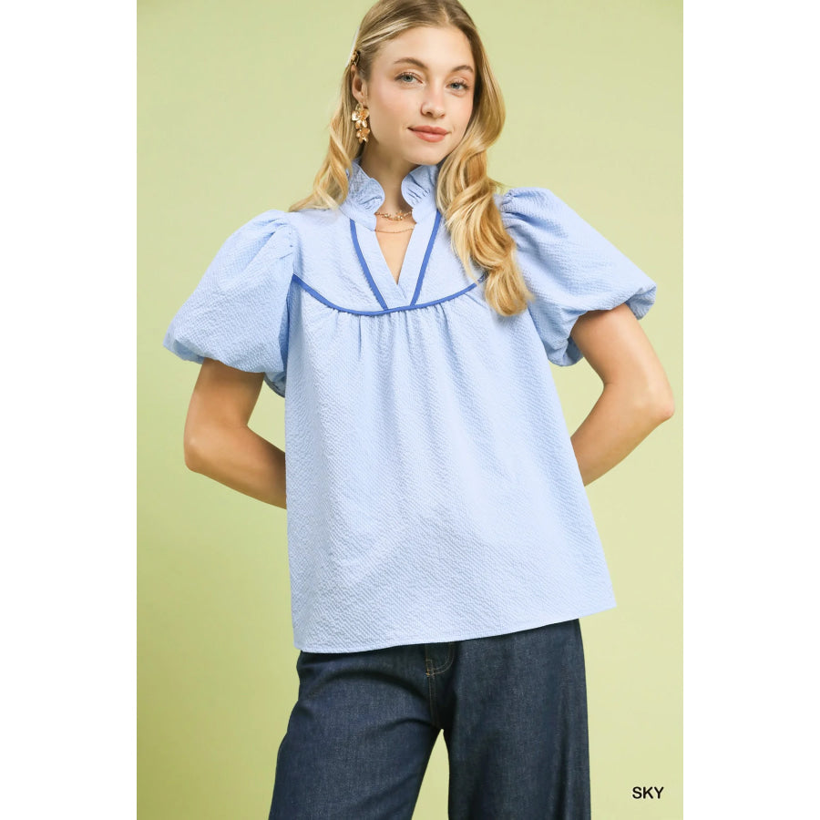 Umgee Textured Puff Sleeve Blouse SKY / S Apparel and Accessories
