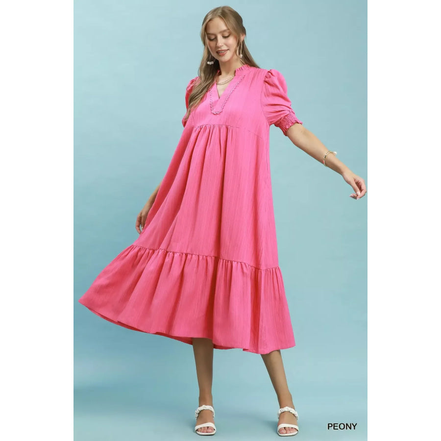 Umgee Textured Puff Sleeve Midi Dress Apparel and Accessories