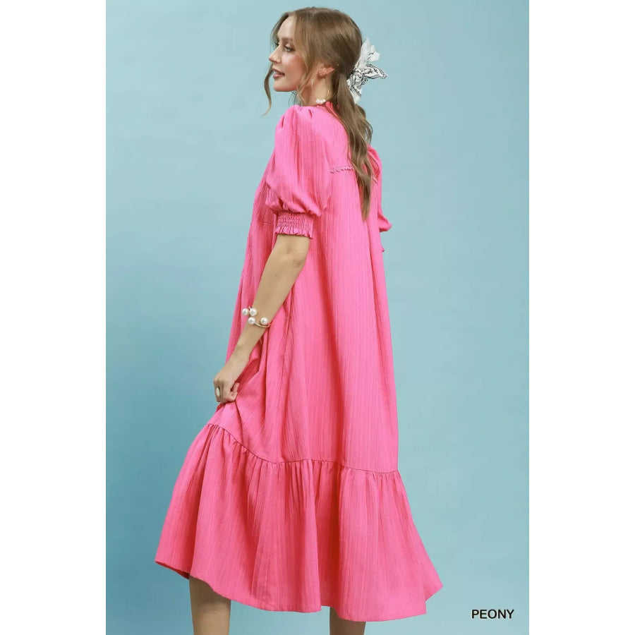 Umgee Textured Puff Sleeve Midi Dress Apparel and Accessories