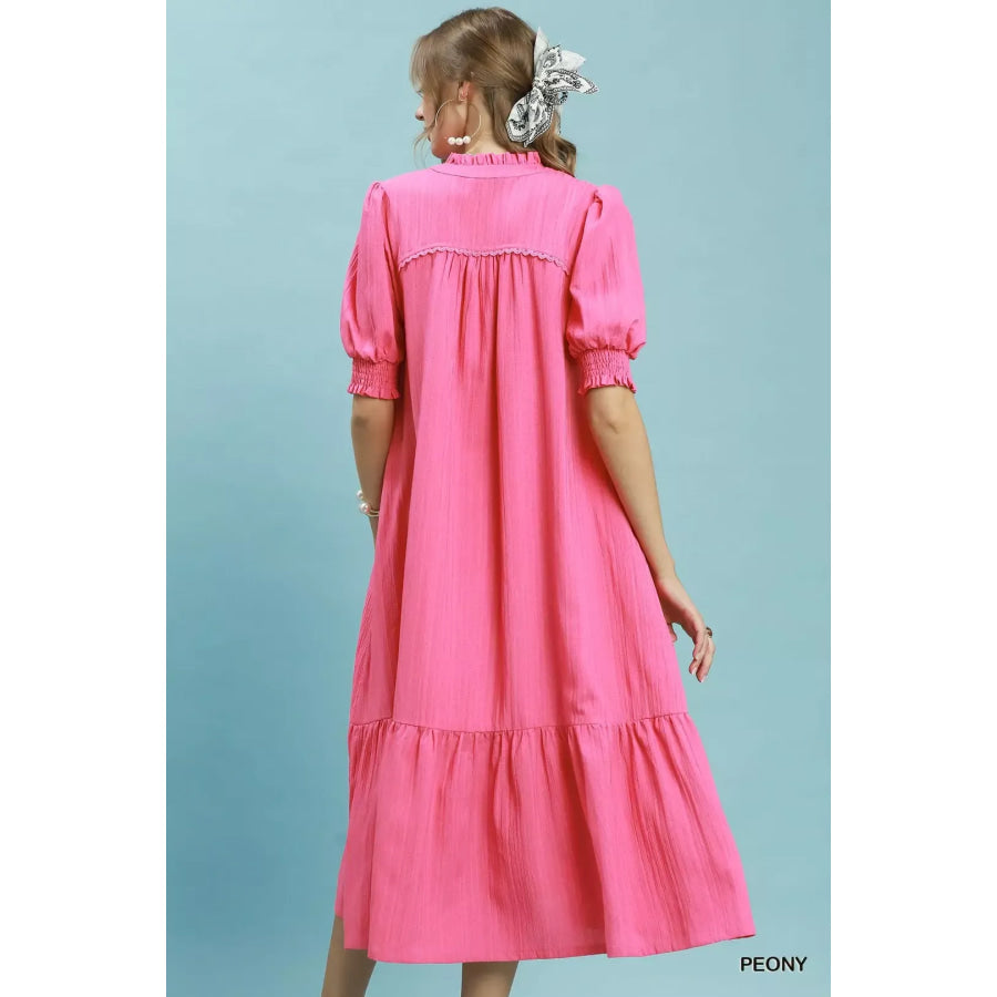 Umgee Textured Puff Sleeve Midi Dress Apparel and Accessories