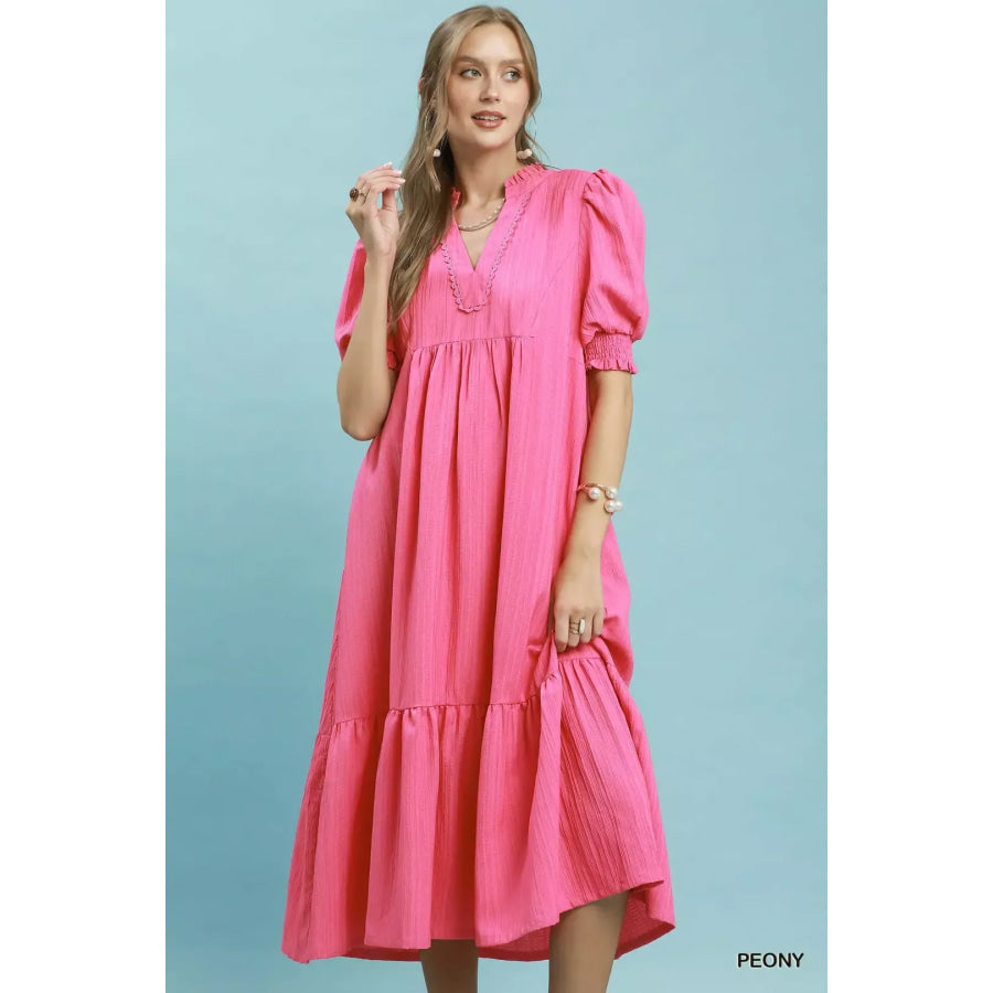 Umgee Textured Puff Sleeve Midi Dress PEONY / S Apparel and Accessories