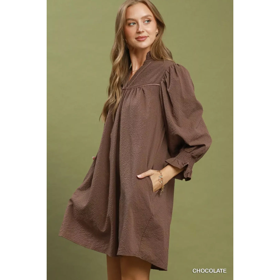 Umgee Textured Puff Sleeve Mini Dress Apparel and Accessories