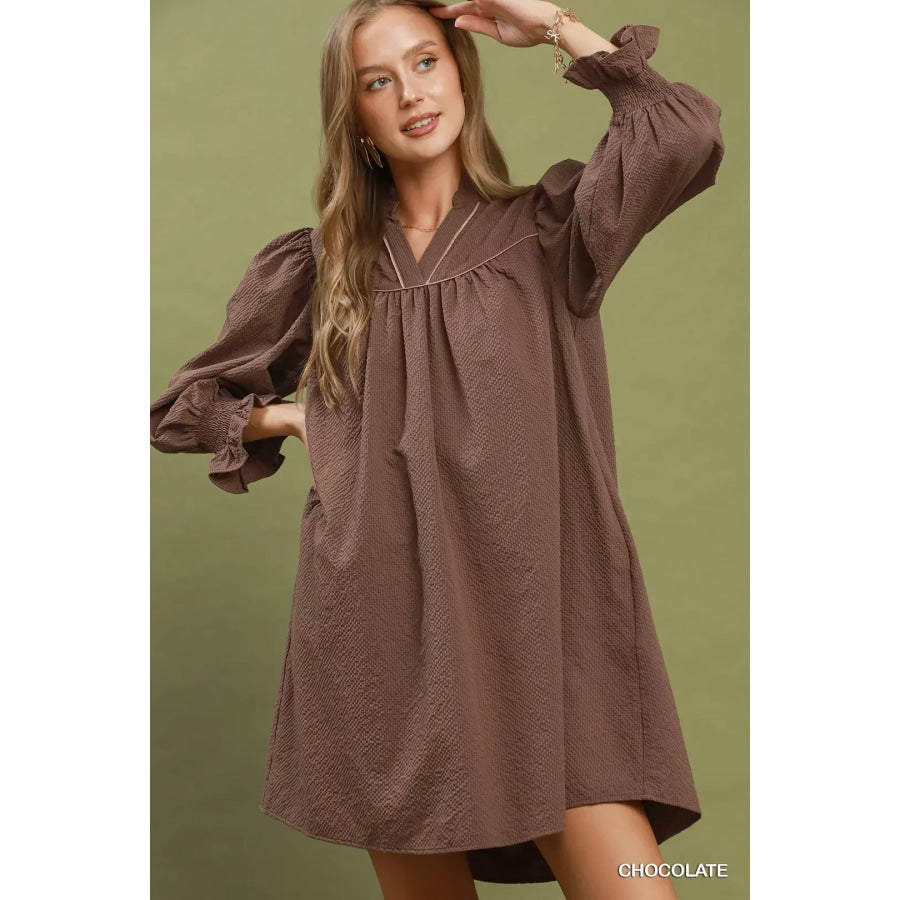 Umgee Textured Puff Sleeve Mini Dress CHOCOLATE / S Apparel and Accessories