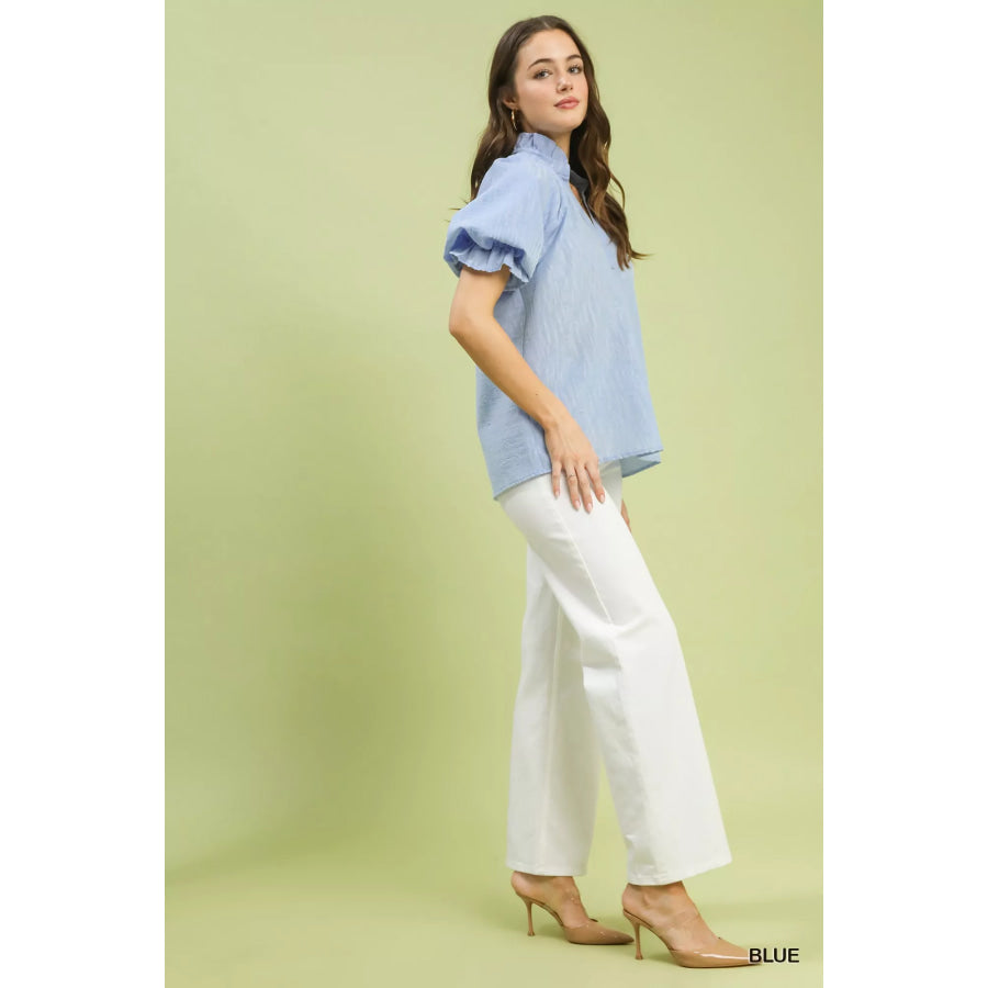 Umgee Textured Puff Sleeve Split Neck Top Blue / S Apparel and Accessories
