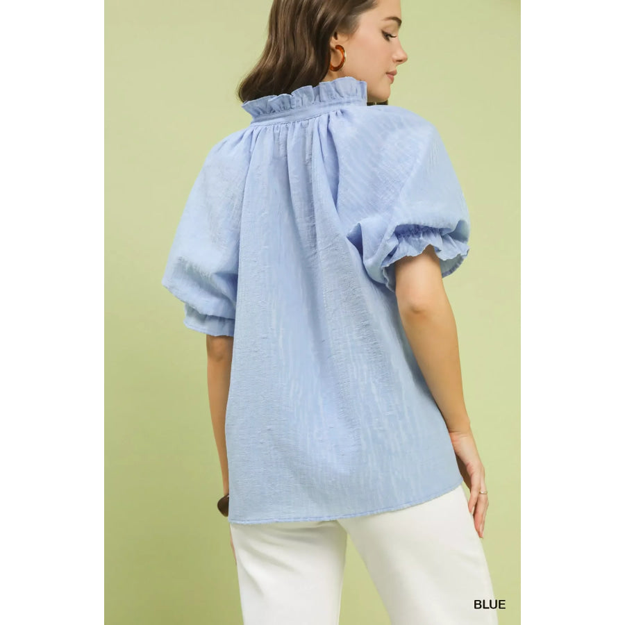 Umgee Textured Puff Sleeve Split Neck Top Apparel and Accessories