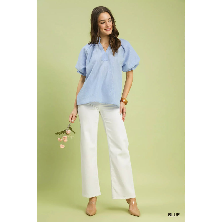 Umgee Textured Puff Sleeve Split Neck Top Apparel and Accessories
