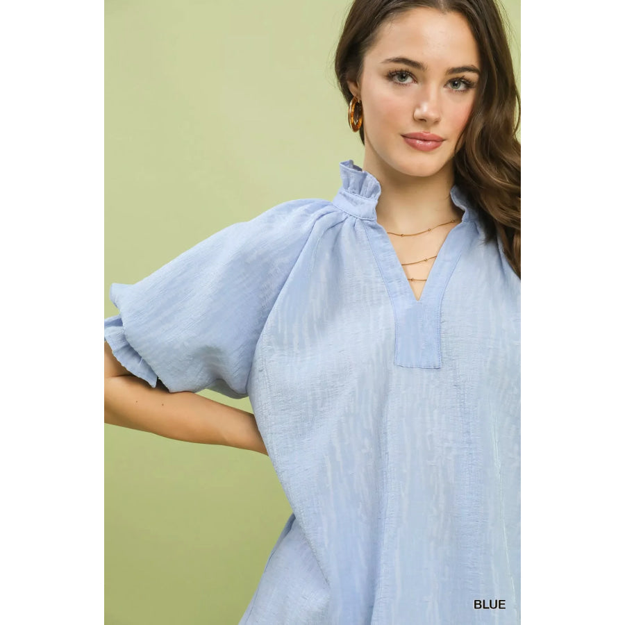 Umgee Textured Puff Sleeve Split Neck Top Apparel and Accessories