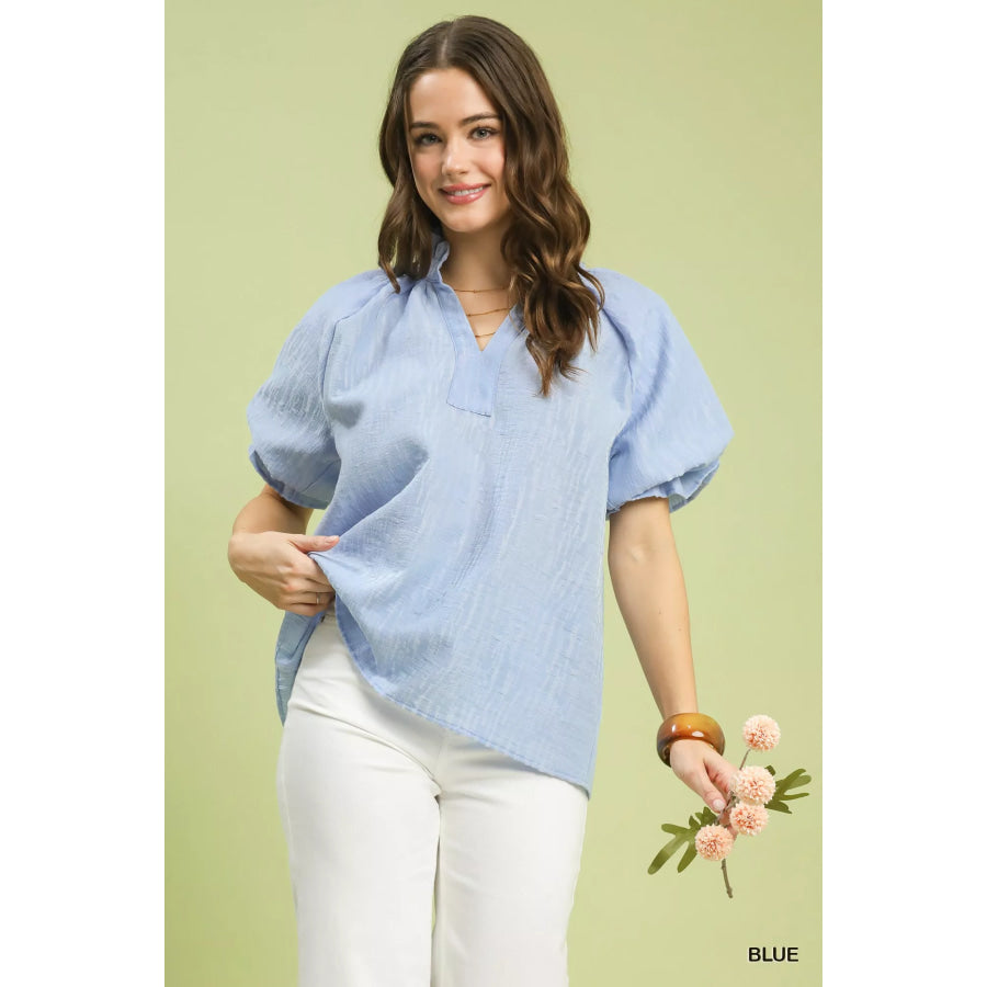 Umgee Textured Puff Sleeve Split Neck Top Blue / S Apparel and Accessories