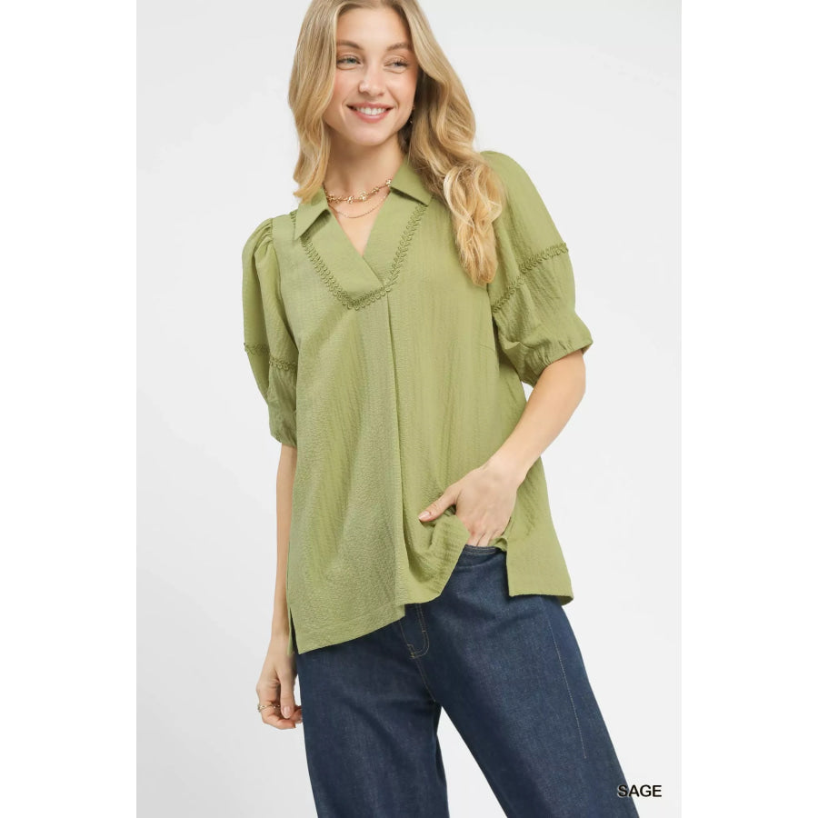 Umgee Textured Puff Sleeve Top SAGE / S Apparel and Accessories