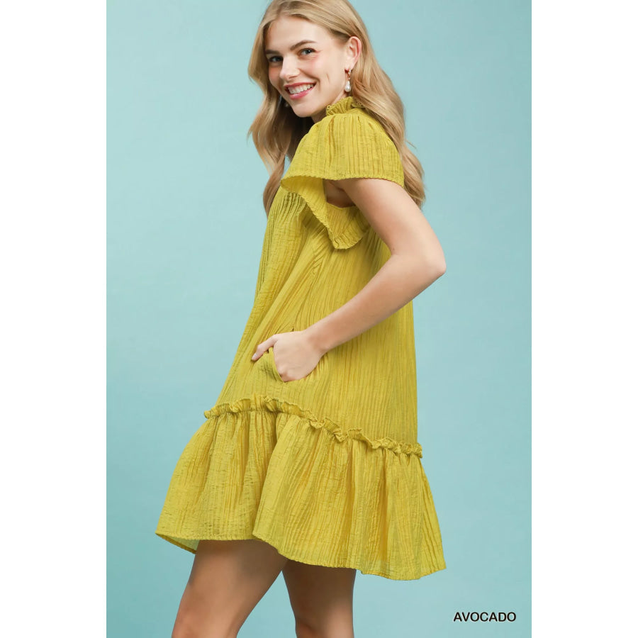 Umgee Textured Ruffle Hem Mini Dress AVOCADO / S Apparel and Accessories