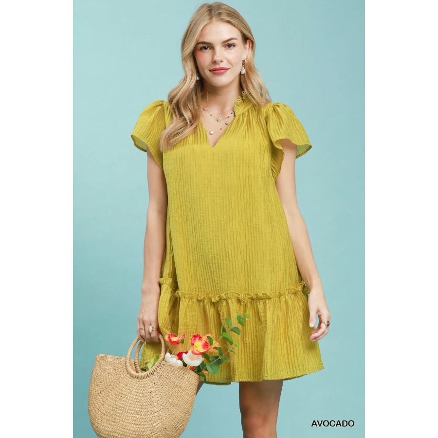 Umgee Textured Ruffle Hem Mini Dress AVOCADO / S Apparel and Accessories