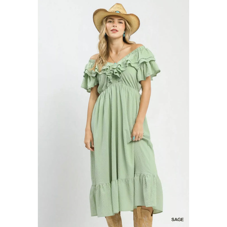Umgee Textured Ruffle Midi Dress Apparel and Accessories
