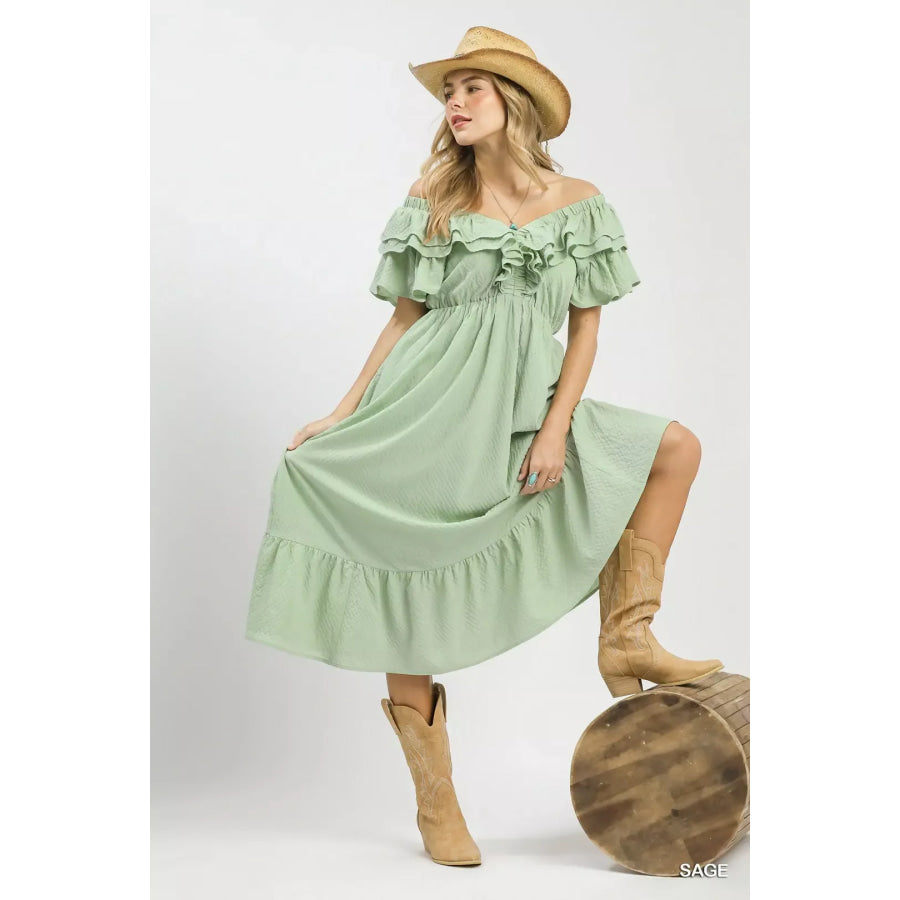 Umgee Textured Ruffle Midi Dress Apparel and Accessories