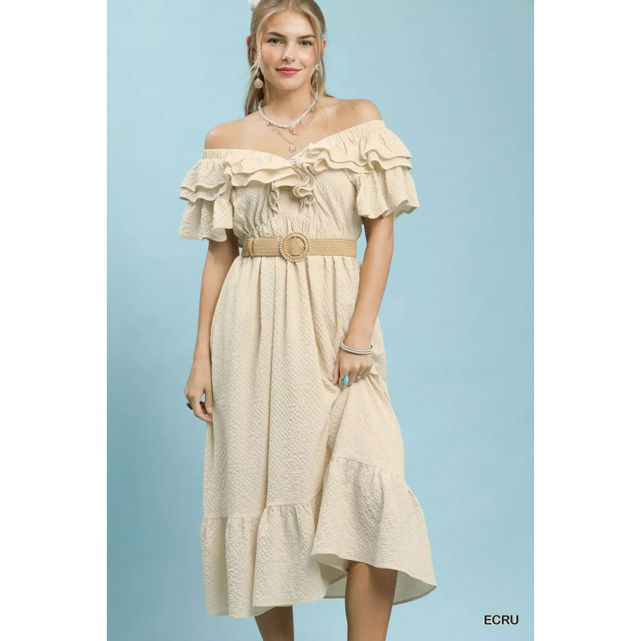 Umgee Textured Ruffle Midi Dress ECRU / S Apparel and Accessories