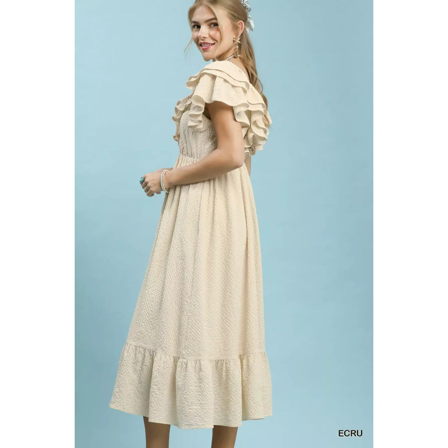 Umgee Textured Ruffle Midi Dress Apparel and Accessories