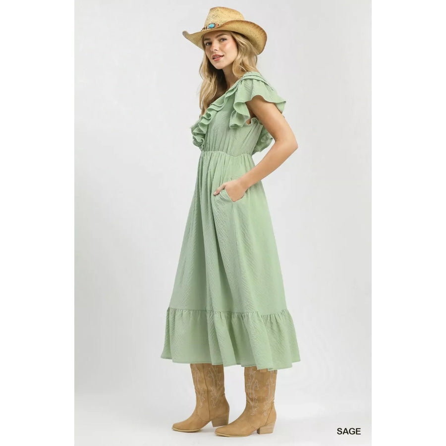 Umgee Textured Ruffle Midi Dress Apparel and Accessories