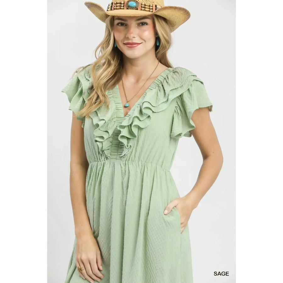 Umgee Textured Ruffle Midi Dress Apparel and Accessories