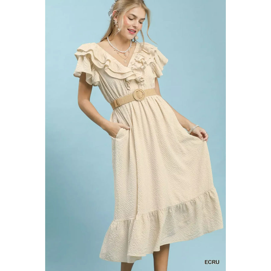 Umgee Textured Ruffle Midi Dress Apparel and Accessories