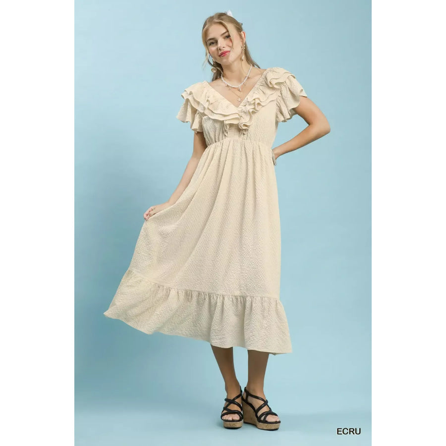Umgee Textured Ruffle Midi Dress ECRU / S Apparel and Accessories