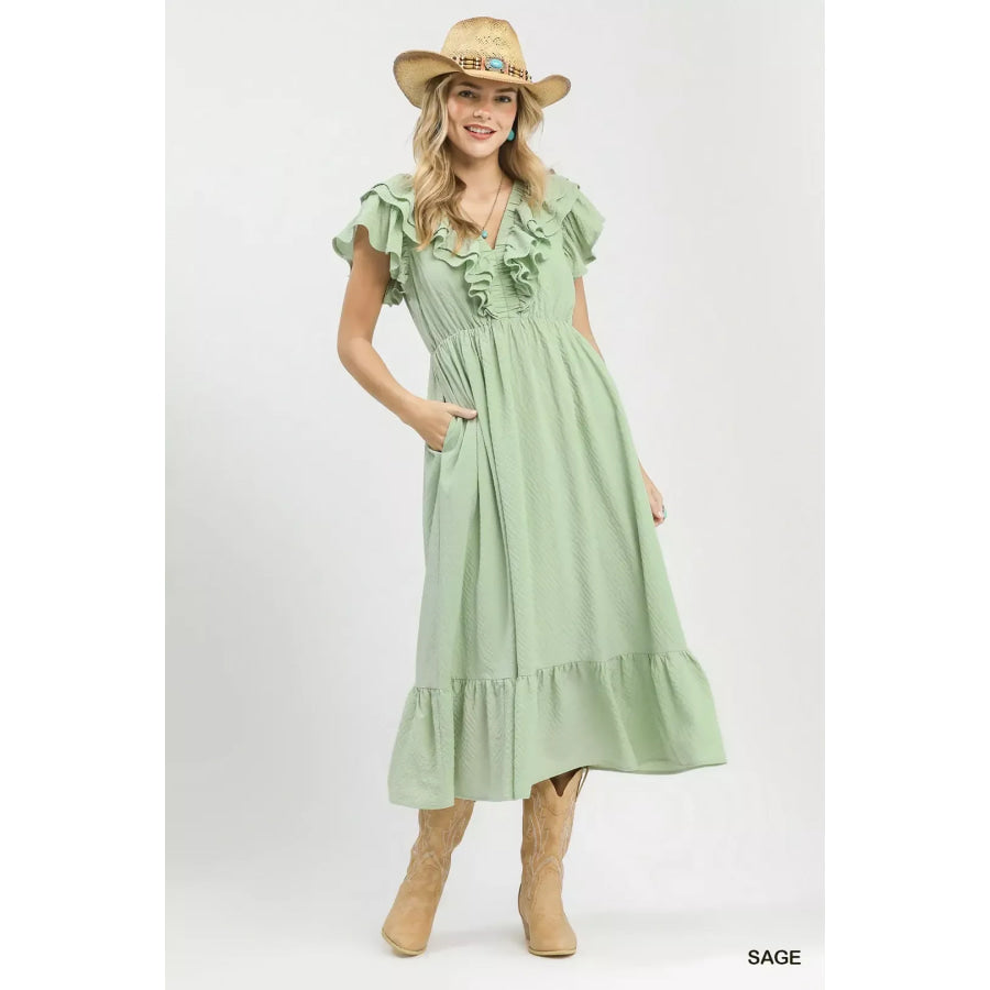 Umgee Textured Ruffle Midi Dress SAGE / S Apparel and Accessories