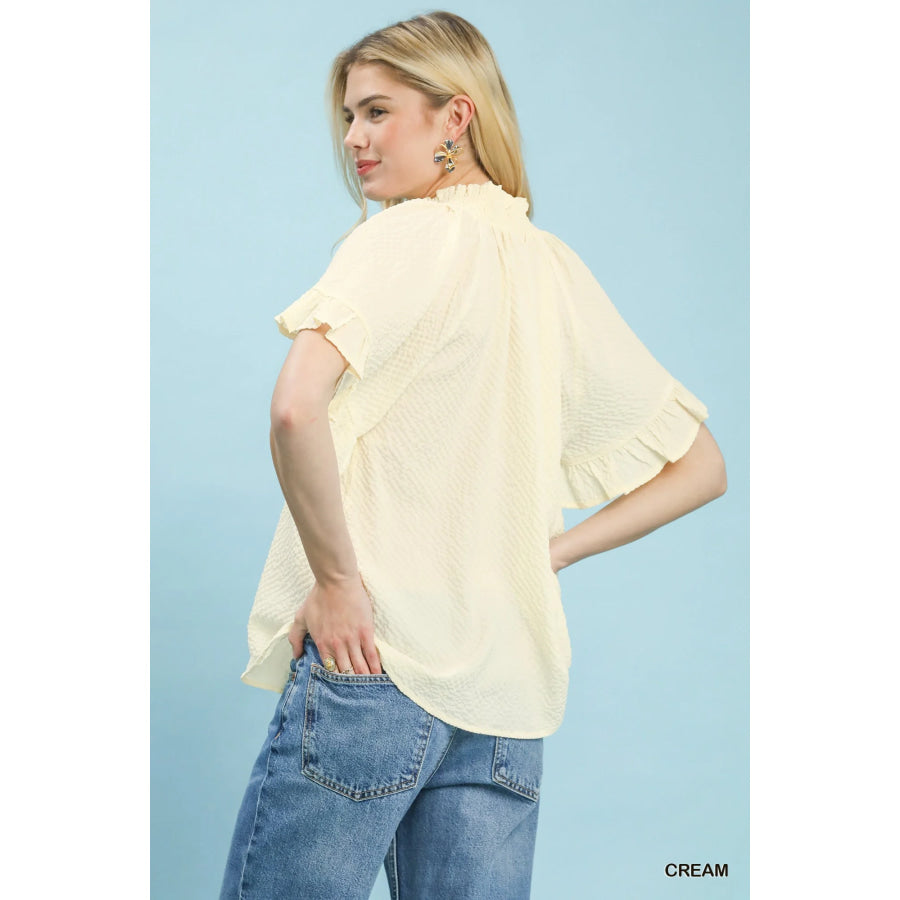 Umgee Textured Ruffle Sleeve Blouse Apparel and Accessories