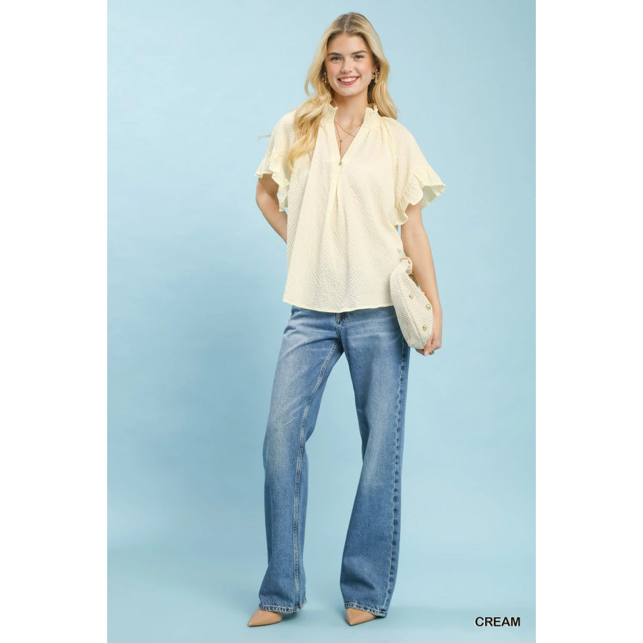 Umgee Textured Ruffle Sleeve Blouse Apparel and Accessories