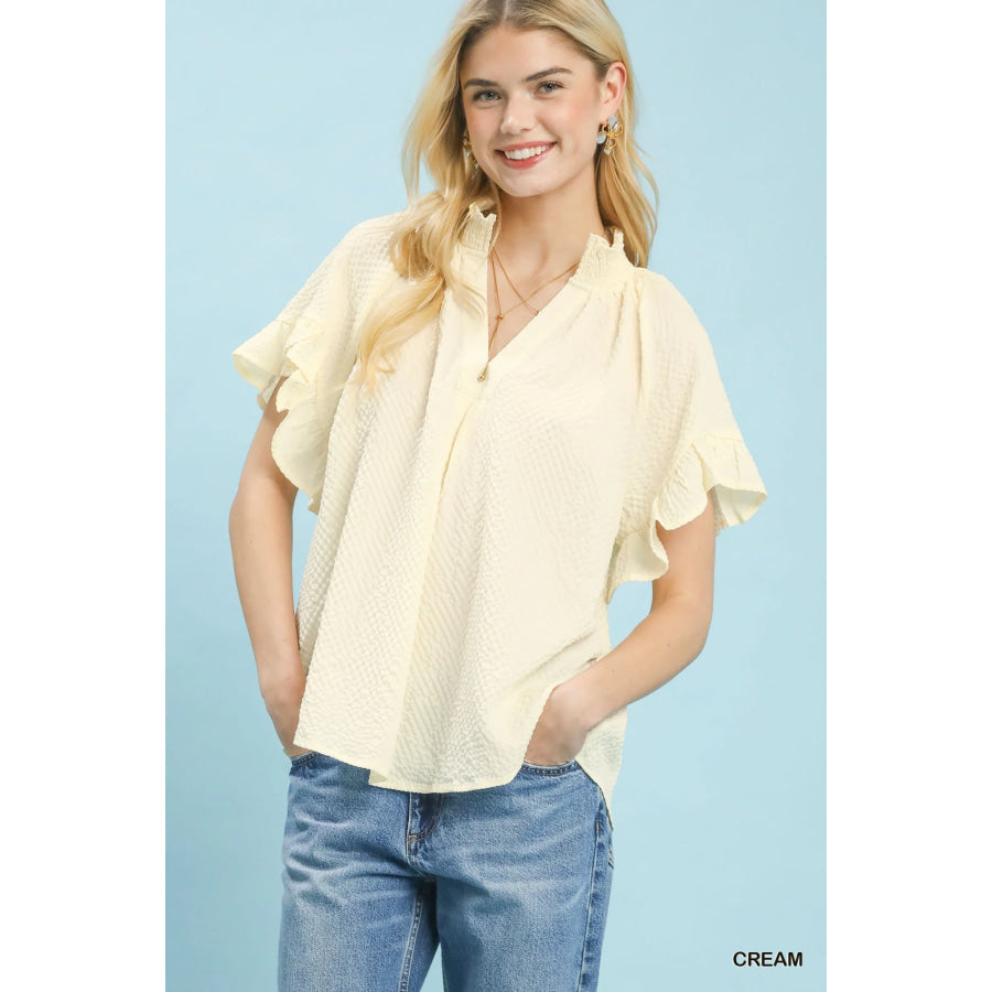 Umgee Textured Ruffle Sleeve Blouse CREAM / S Apparel and Accessories
