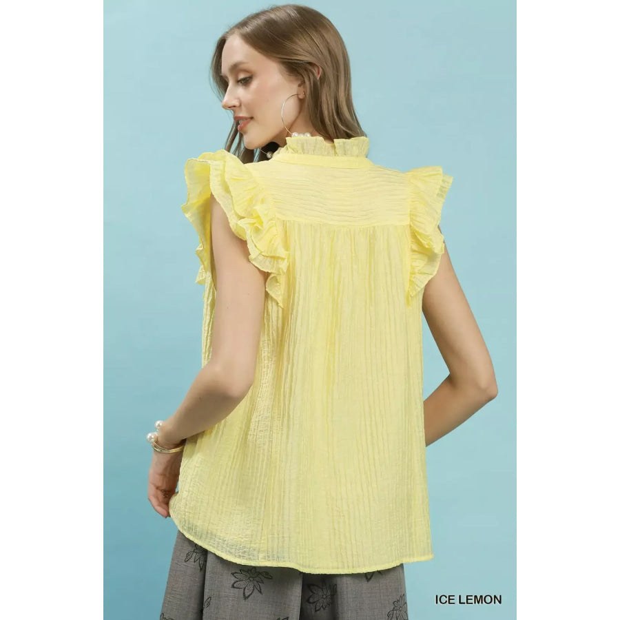 Umgee Textured Ruffle Sleeve Split V Neck Top Apparel and Accessories
