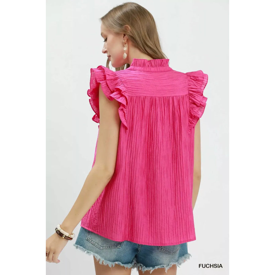 Umgee Textured Ruffle Sleeve Split V Neck Top Apparel and Accessories