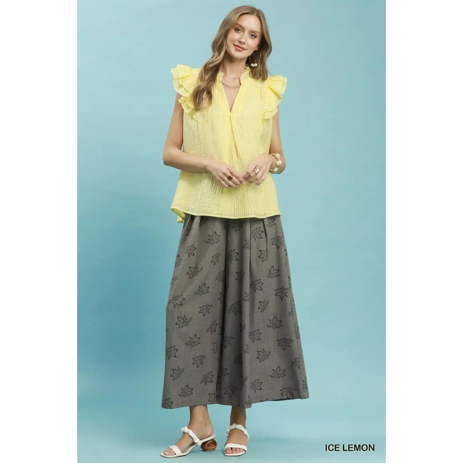 Umgee Textured Ruffle Sleeve Split V Neck Top Apparel and Accessories